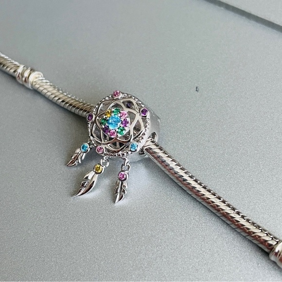 FOREVER QUEEN Dream Catcher Feathers Tassel Colorful CZ Sterling Silv Ch… - Picture 7 of 14